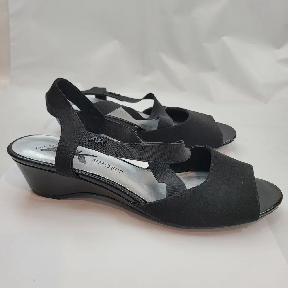 Anne Klein Sport AKMEME Wedge Sandals Womens 11 Black Elastic Straps Slingback